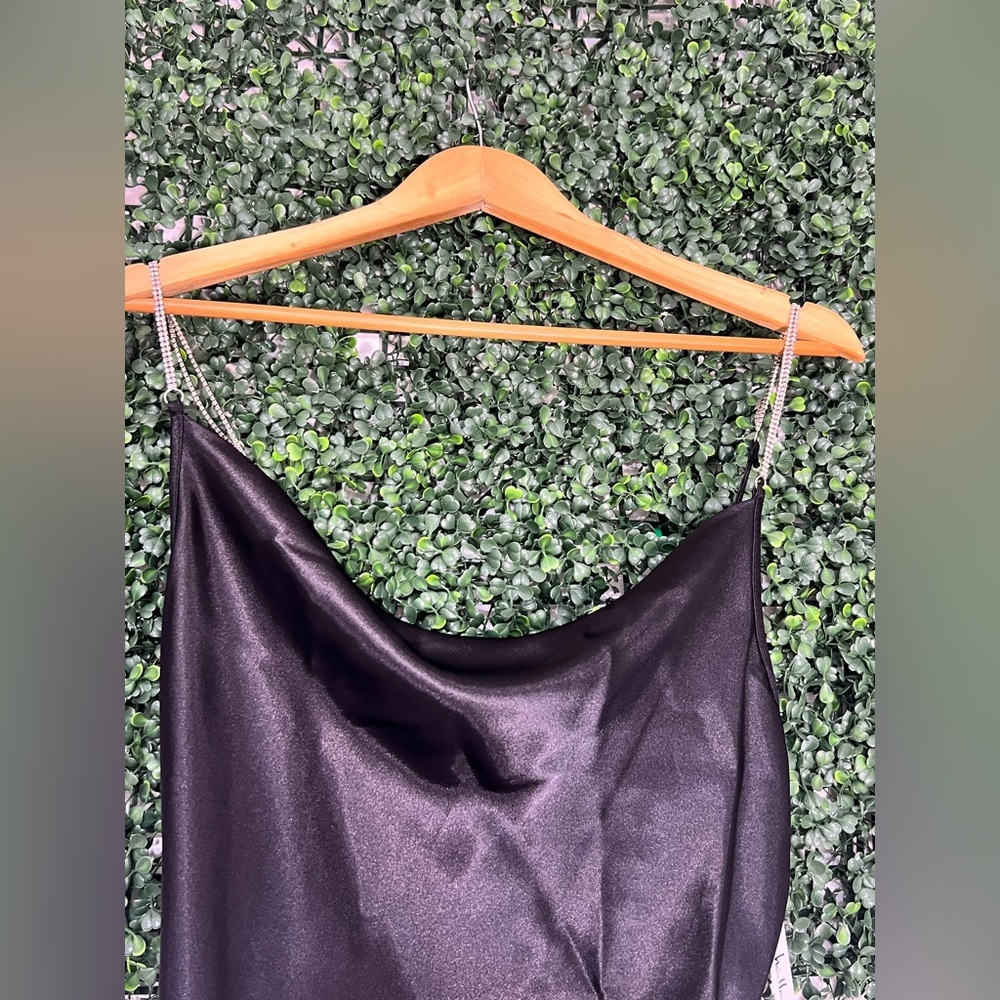 NWT Nicole Miller Black Satin Slip Dress Rhinestone Strap Size Small - Picture 3 of 14